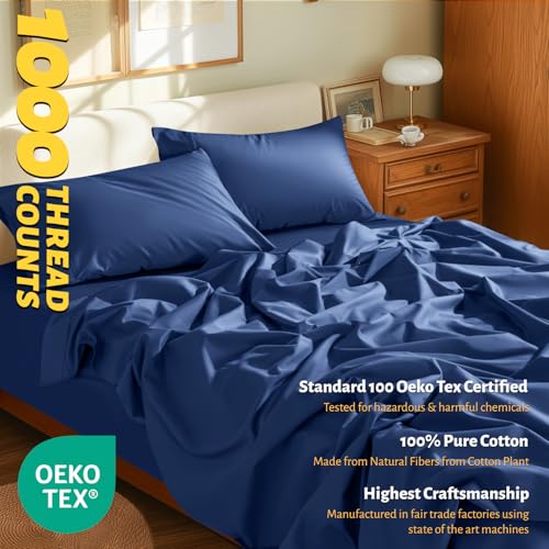 Shilucheng 100% Egyptian Cotton Queen Size Sheets Set - 1000 Thread Count,Luxury Cotton Bed Sheets,Breathable & Cooling Bedding and Pillow Cases, 16 Inch Deep Pocket - 4 Piece (Navy Blue, Queen)