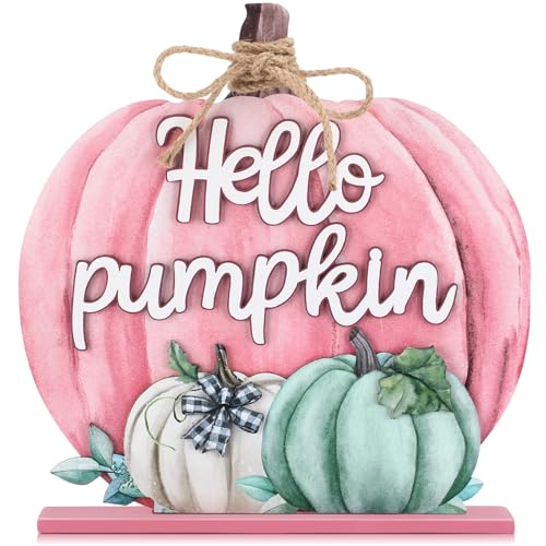 Soaoo Thanksgiving Decoration Wooden Fall Hello Pumpkin Sign Autumn Pumpkin Table Decor 11 Inch Wooden Autumn Desktop Ornament for Thanksgiving Harvest Day Farmhouse Home Living Room (Pink Lovely)