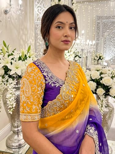 Image of SIRIL Women's Shimmer Chiffon Scalloped Border Sequins Embroidery Saree With Unstitched Blouse Piece