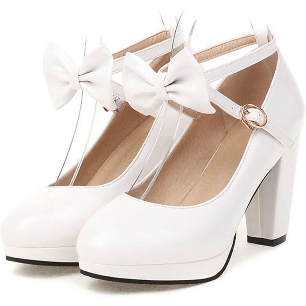 Scarpe da donna Mary Jane con tacco grosso e grosso con plateau e cinturino alla caviglia incrociato con fiocco Punta tonda chiusa Tacco alto Comode scarpe da abito da sposa ginocchio/A/34EU