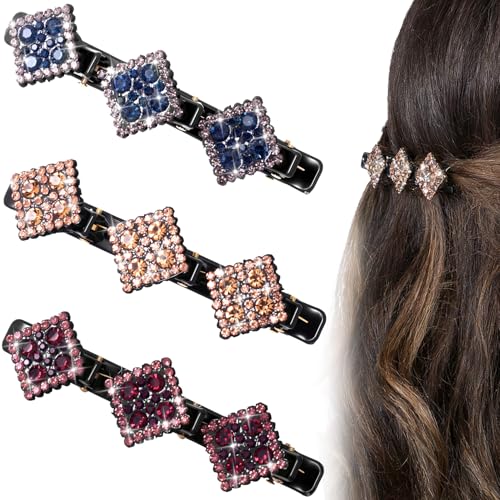 HINZIC 3 Pzs Pinzas trenzadas para cabello para mujer, doble capa con brillantina y cristales, antideslizantes, para uso diario y fiestas - Champagne, Gris y Morado miniatura 1