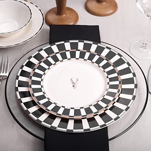 Karaca Aries Black 24 Piece Dinner Set For 6 People, Stylish, Elegant, Black White Borders, Gold And Silver Accents, Dinner Set Porcelain #TOP2