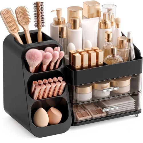 Image of Booklov Makeup Organizer for Vanity, Large Capacity Cosmetic Display Case with Drawers, Countertop Beauty Storage Holder for Skincare, Brush Eyeliner Perfume Eyeshadow Lipsticks, Counter Desk, Black