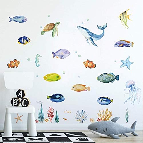 decalmile Under The Sea Wall Stickers Tropical Fish Jellyfish Ocean Wall Decals Baby Nursery Kids Bedroom Bathroom Wall Decor