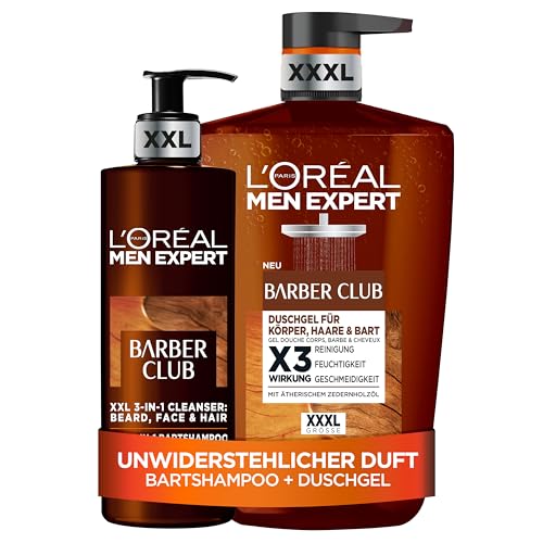 L'Oréal Men Expert Barber Club Set: XXXL 1L Duschgel & XXL 400ml Bartshampoo für Männer, mit Zedernholzöl gegen Schuppen, Reinigung für Bart, Haar, Gesicht & Körper, holziger Duft