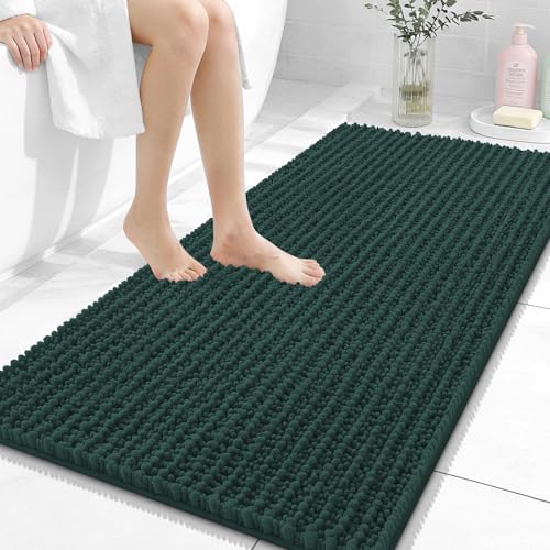 Image of OLANLY Long Bathroom Rugs Runner 47x24, Thick Soft and Absorbent Chenille Bath Mat, Non-Slip, Machine Washable Quick Dry Bath Rugs for Tub Shower Floor, Home Decor Accessories, Blackish Green
