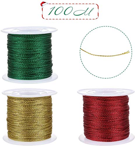 Naler Ficelle de Vacances de Noël, Bobine de Ficelles Emballage Cadeau 3 Couleurs Rouge Vert Dorée, pour DIY Artisanat Bricolage, Décoration Cadeau Etiquette Sac Objet Suspendu - Image 3