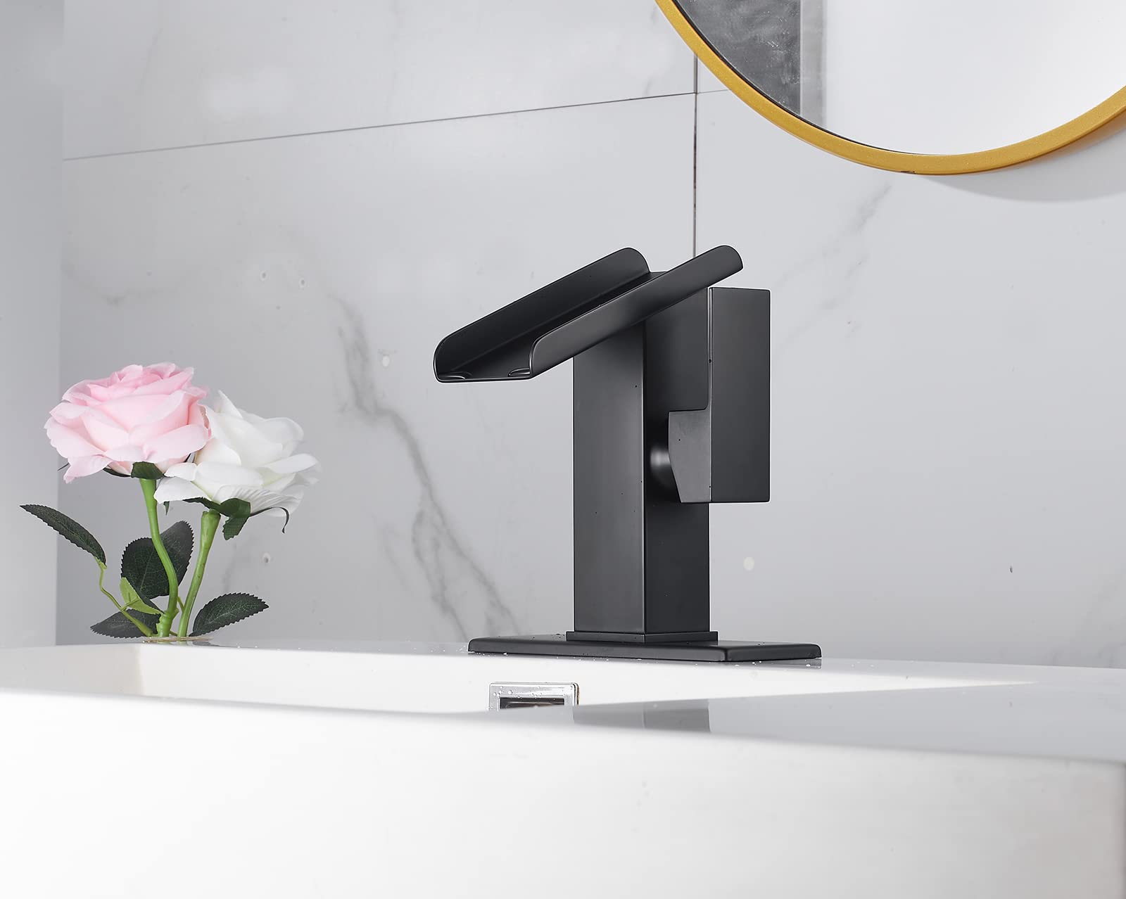 Rubinetto per bagno nero a cascata con beccuccio aperto, LED a cambio colore, 1-3 fori, rubinetto per lavabo monocomando con tappo di scarico a scomparsa, troppopieno, tubo di alimentazione dell'acq