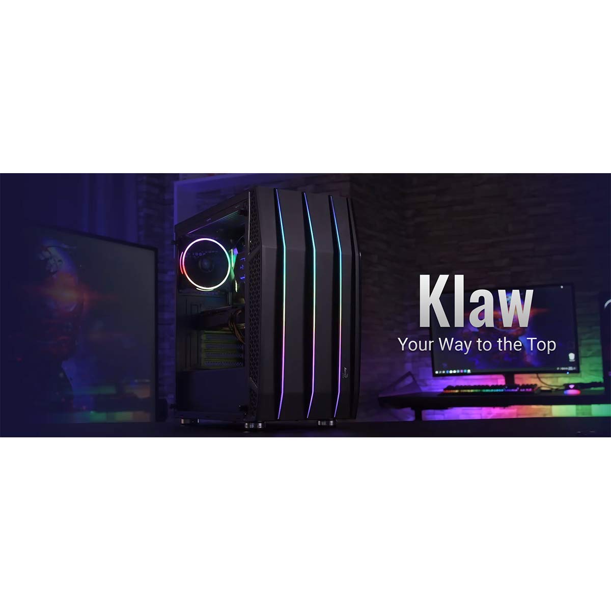 Aerocool KLAW, Boîtier PC ATX, Verre Trempé, Façade RGB, 3 Ventilateurs RGB, Noir