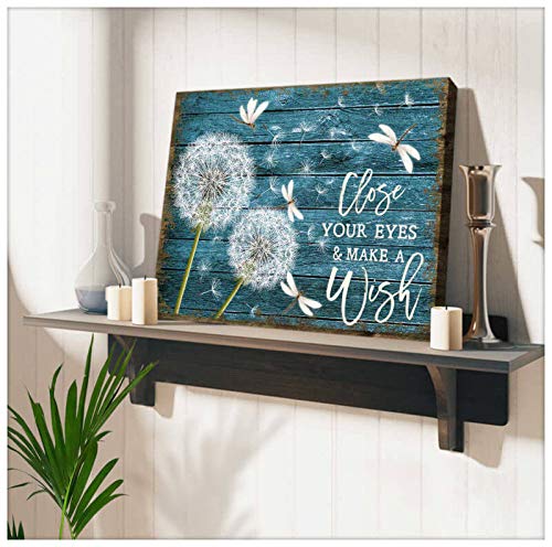 Beautiful Dandelion and Dragonfly Close Your Eyes and Make a Wish Wall Art Decor (No Frame, 24x16)