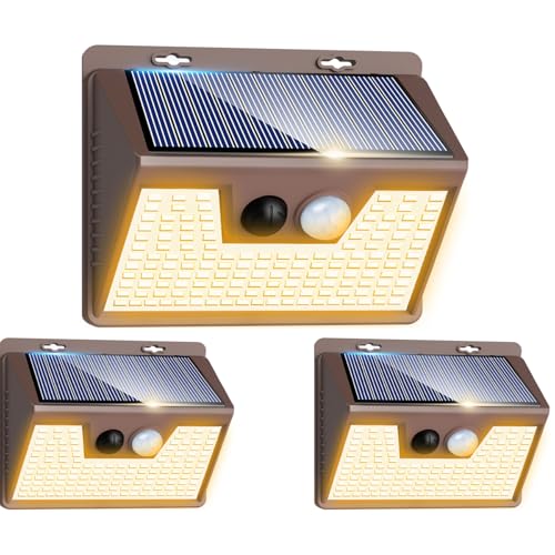 Image of Peasur Solar Lights Outdoor Motion Sensor Waterproof, 3Pack 140LED Brown Solar Powered Fence Light, 3 Modes Security Wall Lights for Garden Yard Outside(Warm White)