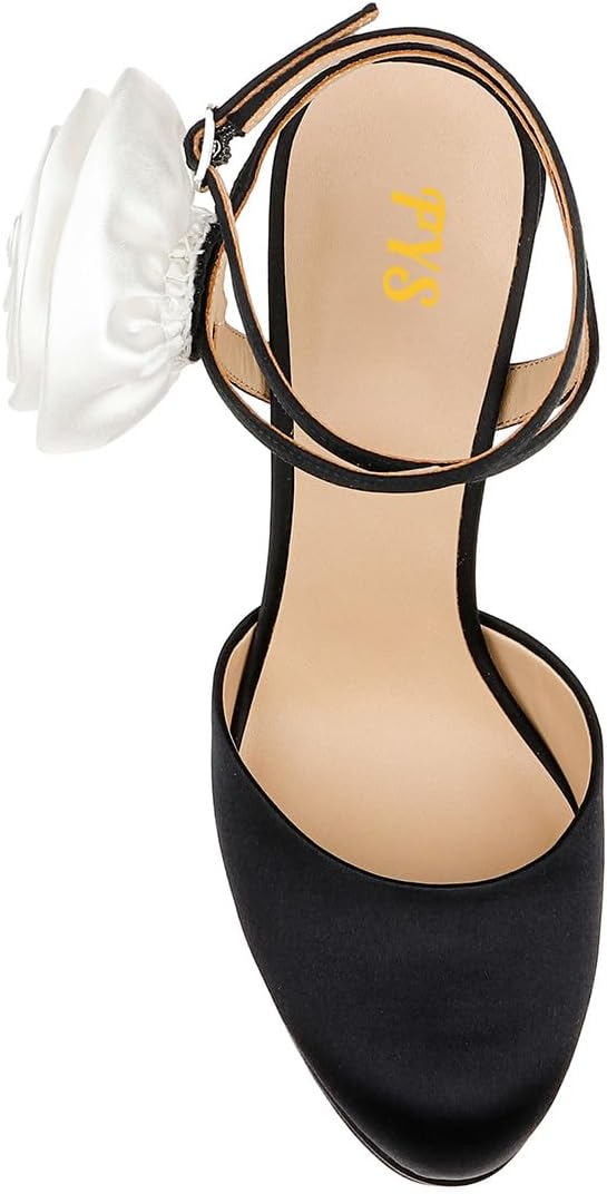 FYS Women's Flower Round Toe Pumps Platform Chunky Block High Heels Sexy Ankle Strap Wedding Event Club Shoes Size 4-16 US