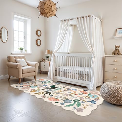 Washable 3x6 Hallway Runner Rug: Floral Scalloped Soft Runners for Entryway Kitchen Nursery Non Slip Bathroom Laundry Floor Mat Water Resistant Light Weight Carpet for Living Room Bedroom (3x6,Cream)
