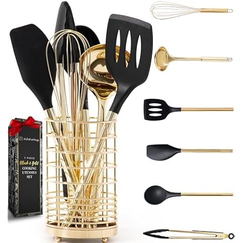 Styled Settings Black and Gold Cooking Utensils Set with Holder - 7PC Silicone Cooking Utensils Set Includes Light Gold Kitchen Utensils and Gold Utensil Holder - Black and Gold Kitchen Accessories Cover