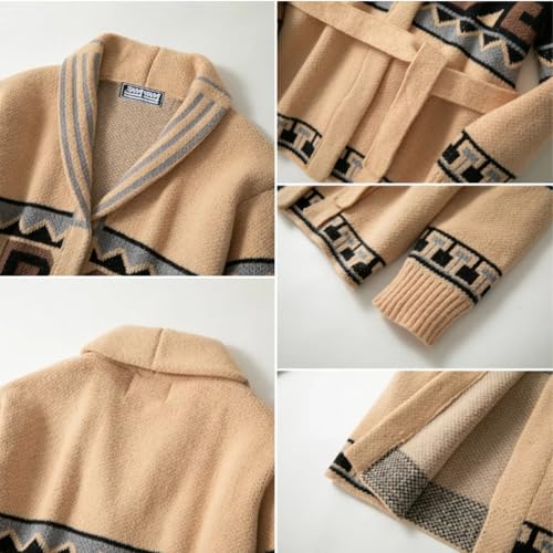 Men's Jacquard Cardigan Shawl Collar Long Sleeve Belted Vintage Casual Knit Cardigan Sweater2