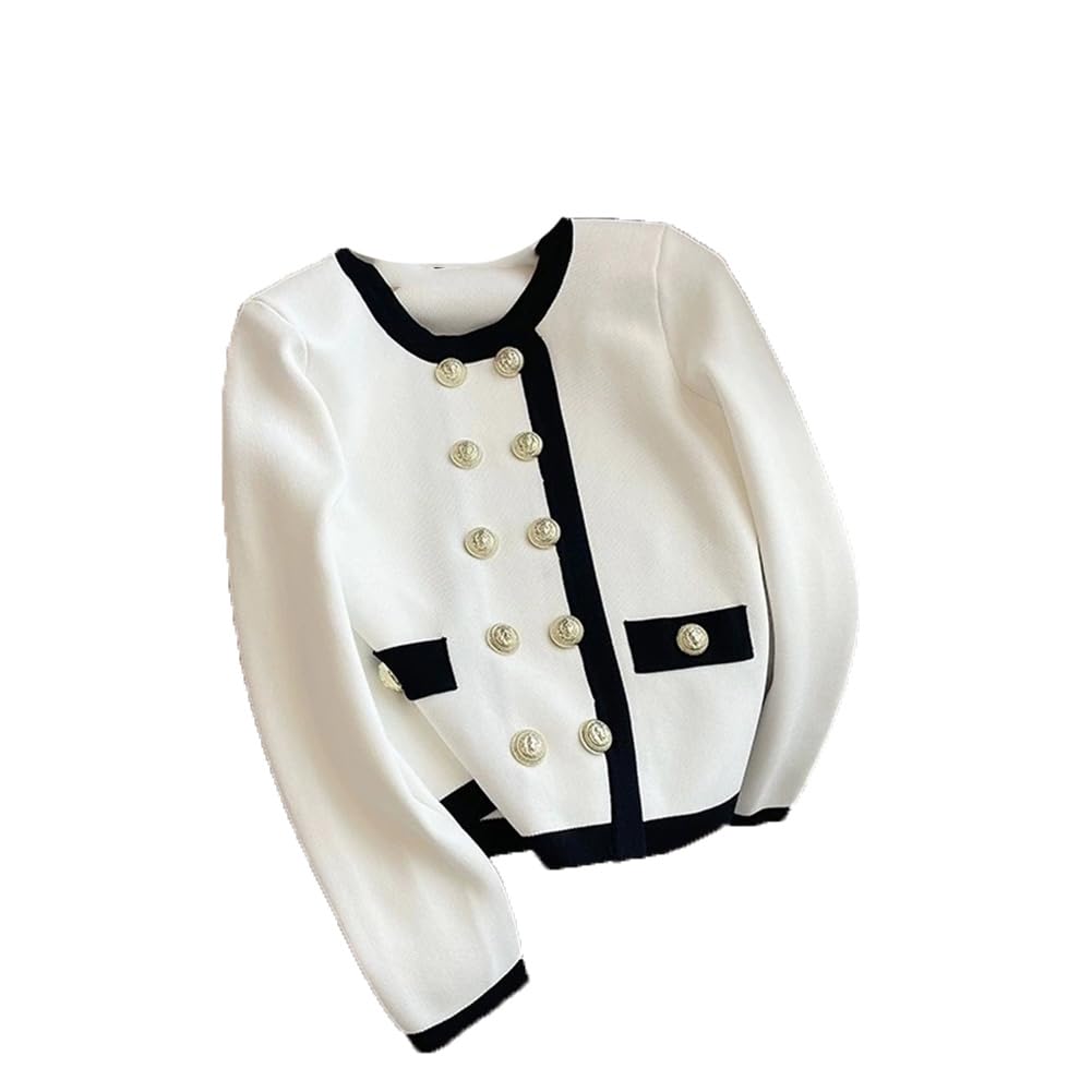 Womens Double Breasted Color Block Cardigan Long Sleeve Knitted Sweater Golden Buttons Jersey