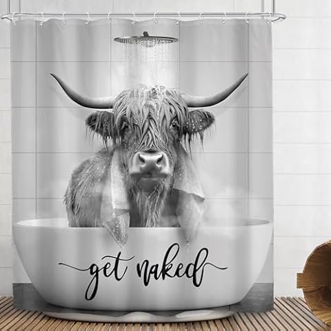 SVBright Farmhouse Highland Cow Shower Curtain 60Wx72L Inch Rustic Western Bull Gray Cattle Vintage Rustic Animal Wildlife for Man 12 Pack Hooks Polyester Waterproof Fabric Bathroom Bathtub Panels Cover
