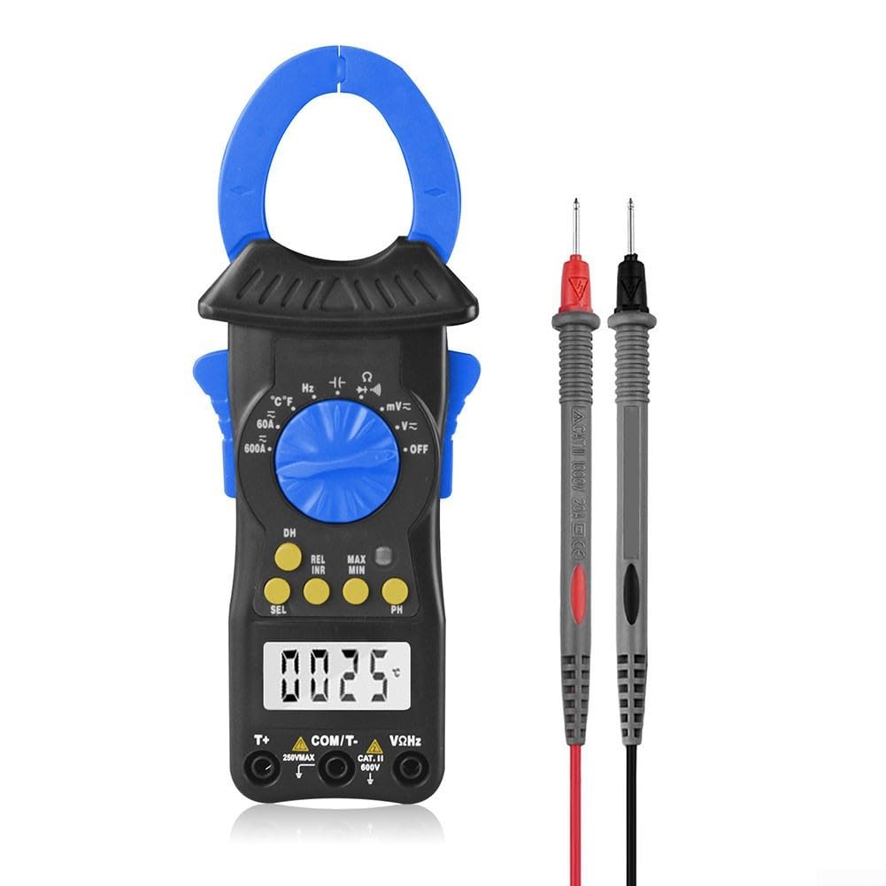Multimetro digitale a pinza con range automatico, True RMS, 600 A AC/DC, 600 V, apertura ganasce da 38 mm, conservazione dei dati, per elettricisti (blu)