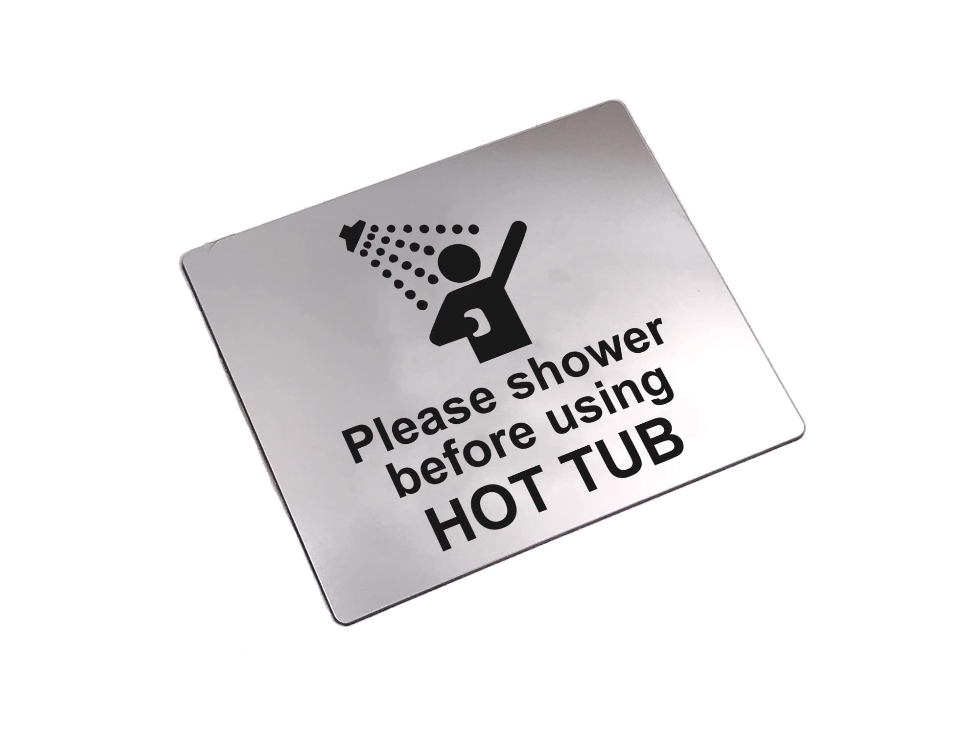 Please Shower Before Using Hot Tub Sign Waterproof Adhesive Sticker Notice, Silver/Gold/Blue Engraved with Universal Icon Symbol and Text (Size 12cm x 10cm) (Silver)