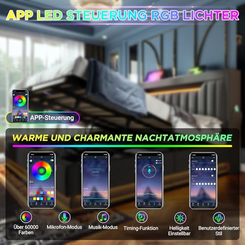 Polsterbett Doppelbett 140x200, LED Jugendbett Hydraulisches Bett Stauraumbett Funktionsbett Bettgestell mit Stauraum&Lattenrost, Stauraum-Kopfteil mit USB Type-C Aufladen, Leinen, Ohne Matratze, Grau – Bild 4