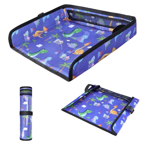 COOLBEBE Airplane Tray Table Cover Foldable Travel Tray Cover for Toddlers 1-3 Universal Fit for Airplane Car Seat High Chair Machine Washable Portable Blue Dinosaur