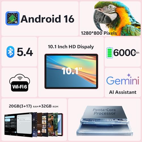 Image of Tablet 10 Inch, Android 16 Tablet with Keyboard, 20GB RAM + 32GB, Pink