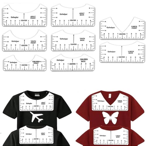Image of T-Shirt Ruler Guide Set for Vinyl Alignment, 8 Pieces | PVC Templates with Black Scale Markings for Round and V-neck Placement; for Heat Press, Garment Printing and Vinyl Projects.