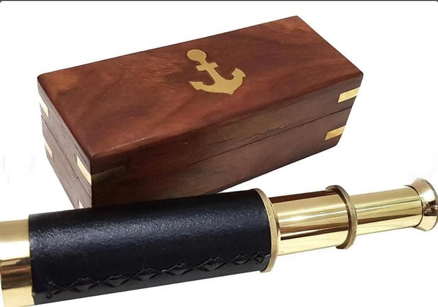 Handheld Functional Vintage Brass Telescope with Wooden Box Gifting Pirate Spyglass (14") Rustic Vintage Home Decor Gifts