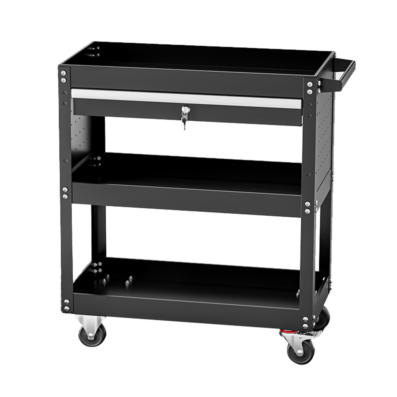 Carro de Trabajo rodante con Panel Perforado, Mesa de Trabajo rodante con Estante para Herramientas, Carro de Herramientas con Ruedas de Tres Niveles (Negro)