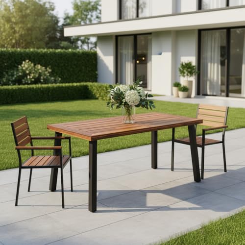 Image of Giantex Patio Dining Table with Umbrella Hole, Outdoor Picnic Table for Backyard, Garden, Lawn, Farmhouse, Acacia Wood Rectangular Table with Metal Legs, Rustic Brown