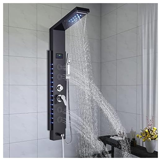 Columna ducha hidromasaje Panel de Ducha de Acero Inoxidable Columna de Hidromasaje 5 en 1 para Hogar Negra 8003,Hevenaov