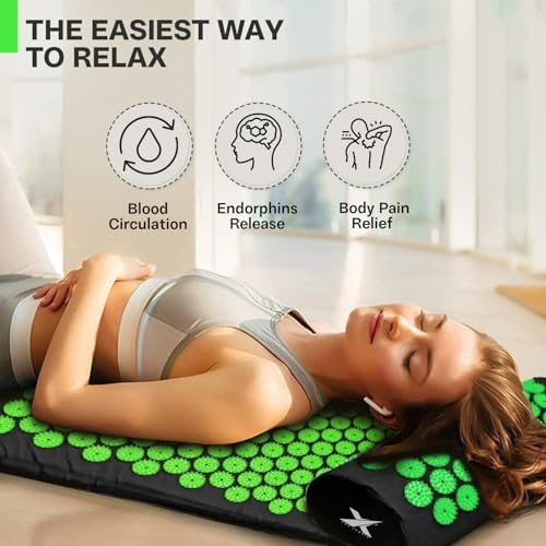 XN8 Yoga Acupressure Mat Pillow Set Acupoint Acupuncture Reflexology Mat for Massage-Pain Relief-Stress Reduction-Therapy-Relaxation with Carrying Bag and Strap(Black/Green) - Image 6