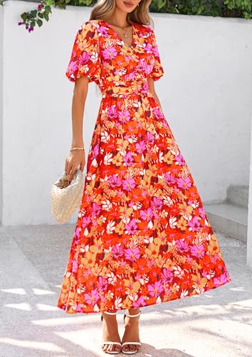 Image of PRETTYGARDEN Womes Boho Maxi Dresses 2026 Summer Spring V Neck Puff Sleeve Empire Waist A Line Flowy Long Beach Floral Dress