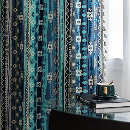 Image of Navy Blue Geometric Curtains 96 Inches Long, Boho Farmhouse Light Filtering Rod Pocket Drapes with Tassel Trim for Bedroom Living Room, 2 Panels