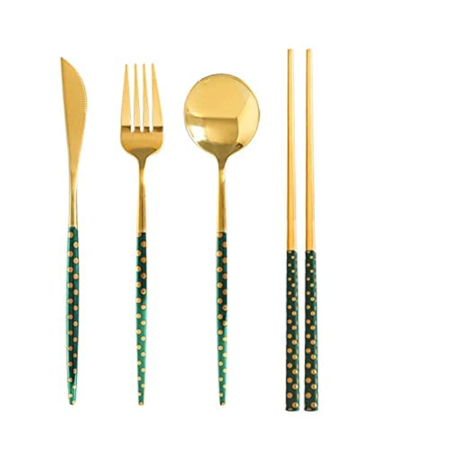 Iktu Premium Gold Plated 304 Stainless Steel Fork Spoon Chopstick Set Flatware Dinnerware Cutlery Tableware Set (Dotted Green) (B09NDQ8XQX) Amazon Price History, Amazon Price Tracker