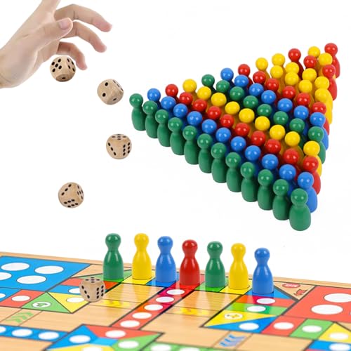 Fizdoqg 80 Stück Spielfiguren für Brettspiele 25 x12mm Spielfiguren Holz Halmakegel 5 Würfel aus Holz für Brettspiele, Bunte