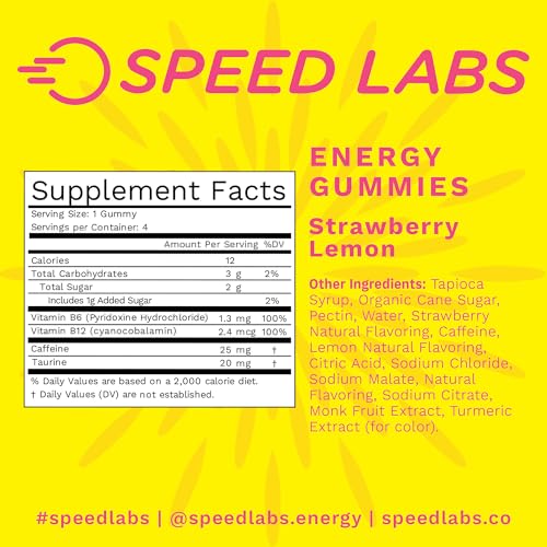 Image of Speed Labs Caffeine Energy Gummies Strawberry Lemon Natural, 25mg Caffeine, Taurine, B-Vitamins per Piece, Vegan, Gluten Free, 1g Added Sugar (1 Pack, Strawberry Lemon)
