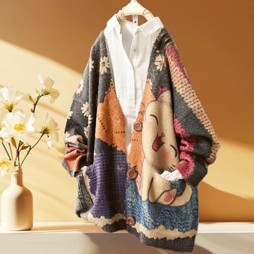 Women’s V Neck Oversized Cat Print Cardigan, Boho Patchwork Knit Sweater Long Sleeve Button Front with Pockets3