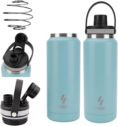 Ozizo Botella de agua de 34 oz de 33.8 fl oz con asa, botella aislada al vacío de doble pared de acero inoxidable con asa portátil, parte inferior