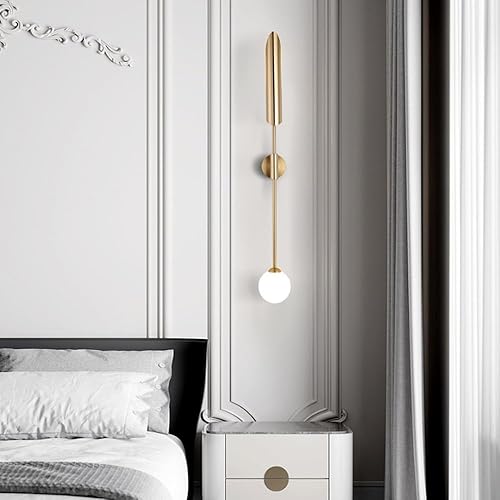Miniatura 6 de Lámpara de pared de globo de vidrio blanco, lámpara de pared dorada de mediados de siglo, moderna de poste largo, lámpara minimalista de montaje en