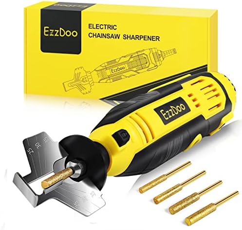 EzzDoo Electric Chainsaw Sharpener Kit with TITANIUM-PLATED Diamond Bits - High-Speed Chain saw Sharpener Tool and 4 Sizes High Hardness Sharpening Wheels For All Chainsaw Chains.