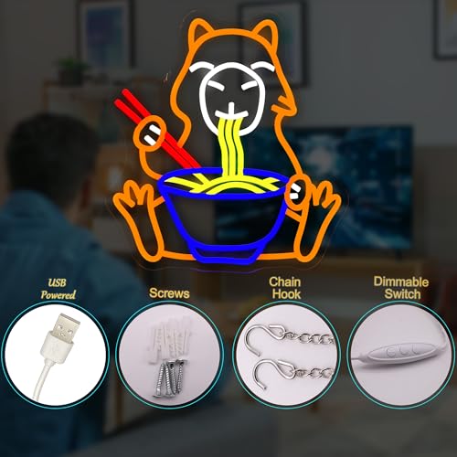 Image of Capybara Ramen Noodles Neon Sign, Cute LED Wall Light for Kitchen, Restaurant, Anime Room, USB Powered Ramen Bowl Neon Light for Food Lovers, Japanese Decor for Bar or Gaming Room