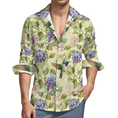 Camisas de manga larga con botones para hombre, estampado floral de colibrí, camisa casual con botones para hombre con bolsillo, Multicolor, M