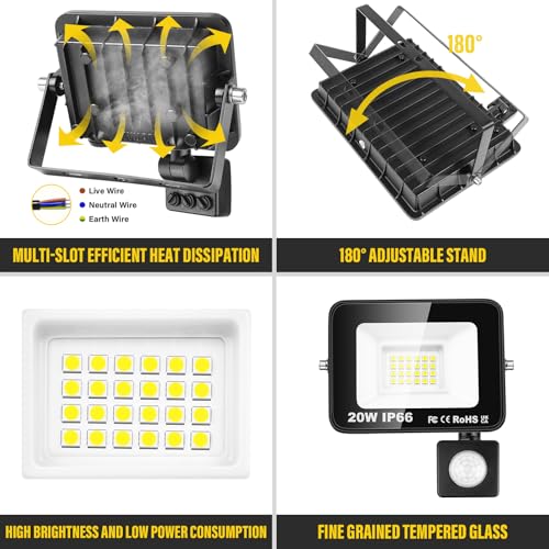 Willpower 2pcs LED Floodlight 20W 2000lm LED Security Lights Outdoor with Motion Sensor LED Work Light IP66 Waterproof PIR Lights White 6000K Wall Light for Garden Garage Court Patio Lawn by Willpower - Image 3