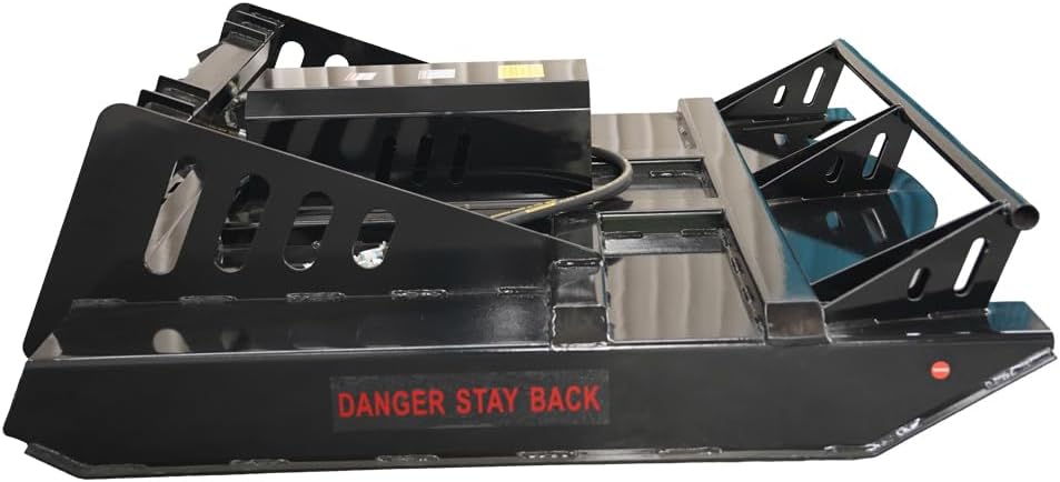 Side view of Landy brush mower with safety warning