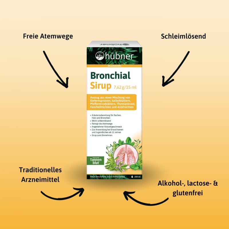 hübner® Bronchial-Sirup – Mit Thymian & Salbei, unterstützt die natürliche Reinigung der Atemwege, ohne Alkohol, Laktose & Gluten, ideal für Hals & Bronchien in der Erkältungszeit, vegetarisch