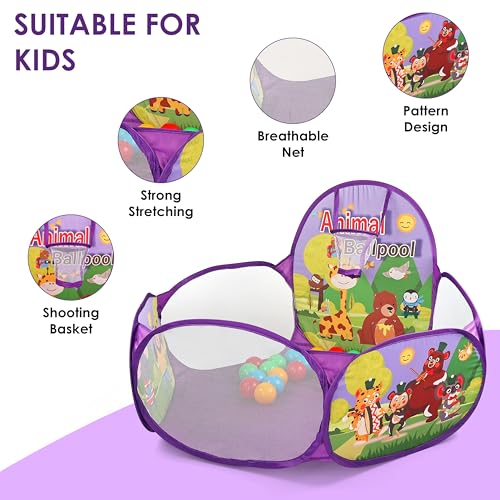 Image of BabyGo Kids Animal Basketball Ball Pool for Kids, Play Tent House for 2+ Year Old Girls and Boys, Ball Pit for Kids, Spacious, Lightweight, Portable & Easy to Set Up (Purple) (No Balls)