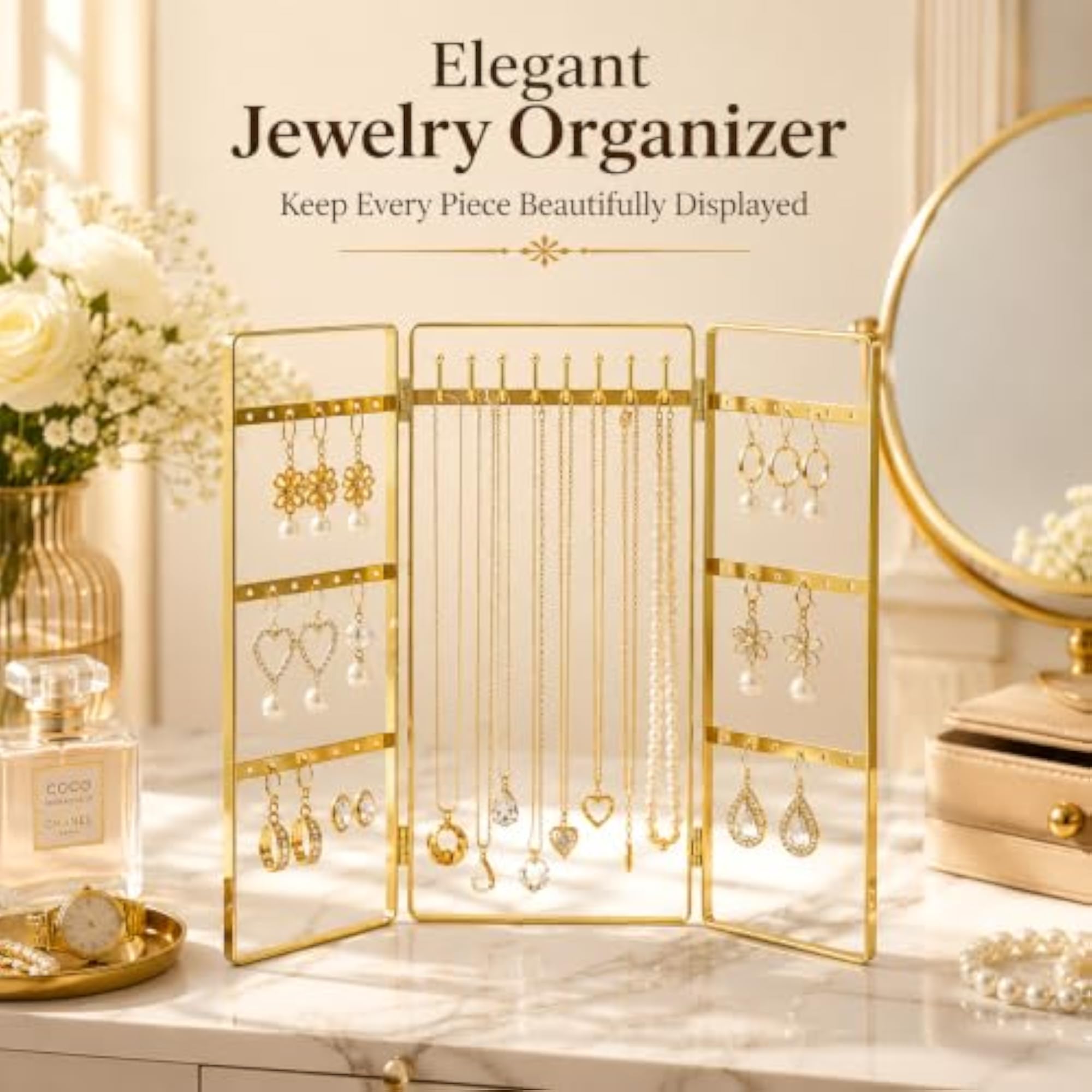 Foldable Metal Jewellery Stand, 3-Panel Organizer