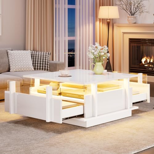 EURHCIO Table Basse Salon Brillante 70x70x35cm,Table D'appoint,Meuble Bas Rangement avec Lampe LED Réglable,2 Tiroirs,Cloison en Acrylique,pour Bout de...