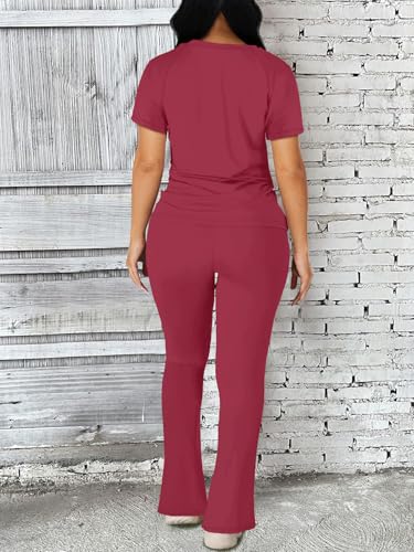 Image of STOLKISS Women 2 Piece Outfits Summer Workout Sweatsuit Striped Short Sleeve Long Flare Pants Casual Travel Tracksuit